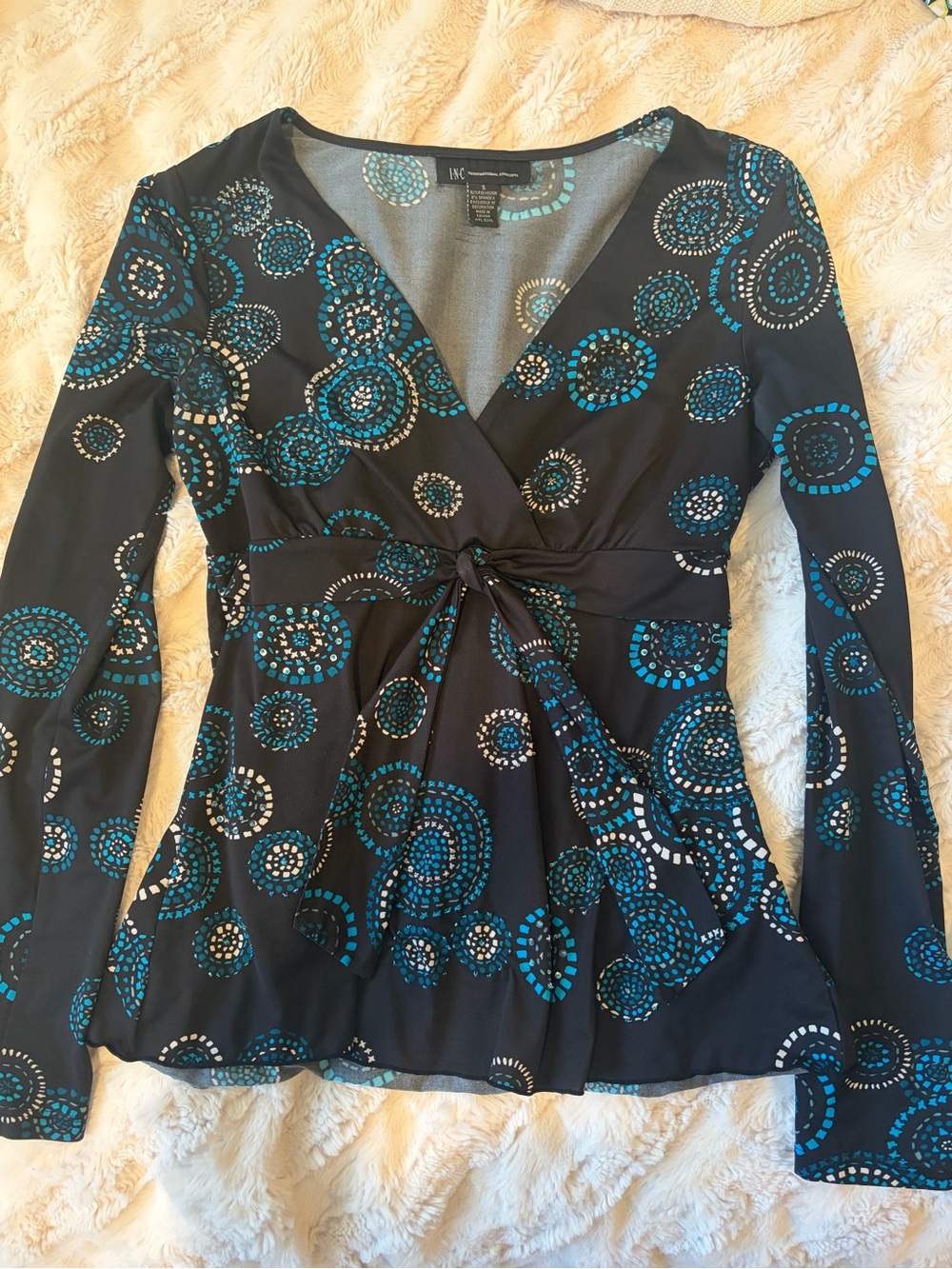 Black Wrap-Front Long Sleeve Top with Teal Dot Pattern